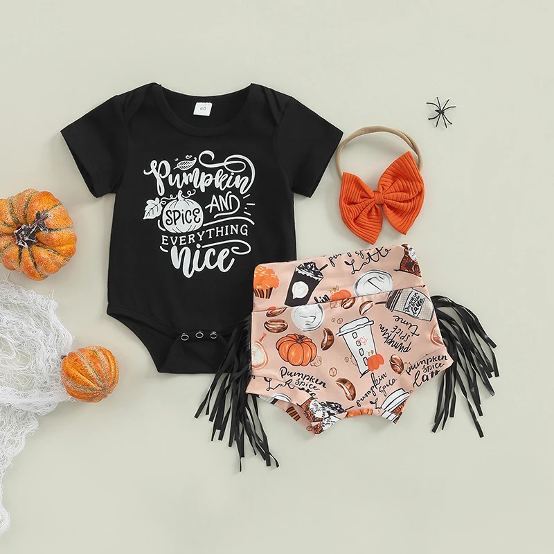 Toddler Girls Halloween Costume Set Orange Long Sleeve Bodysuit Black Cat Print Leggings Witch Hat Headband for Party