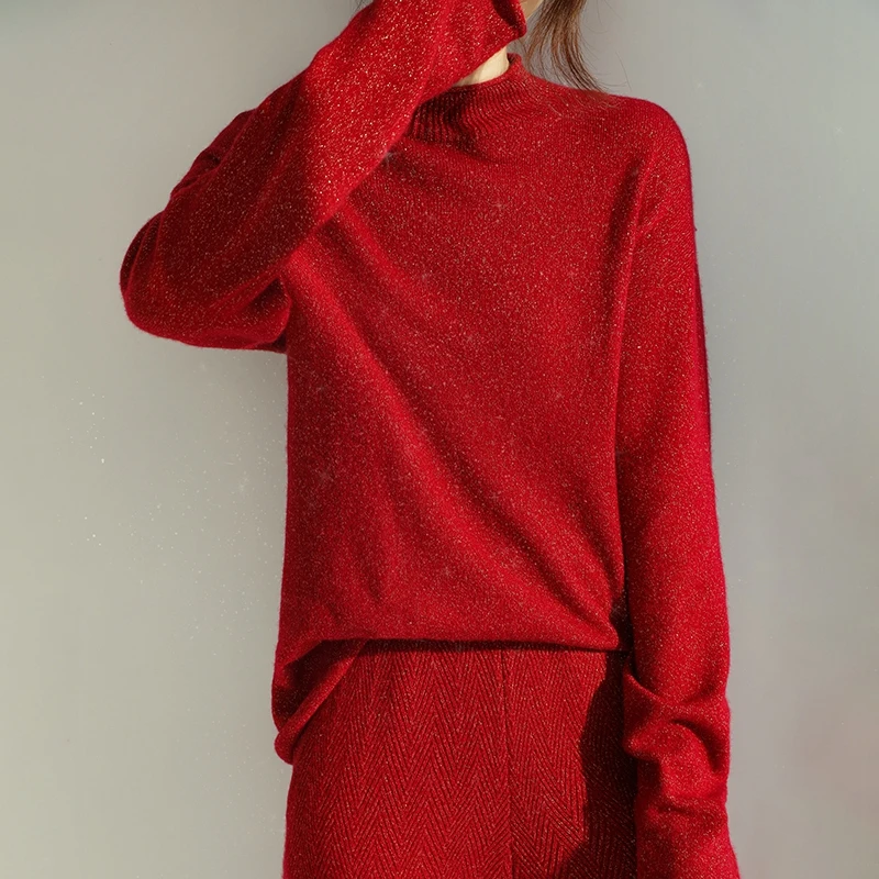 Conjunto rojo de lana de alta calidad para mujer, traje de punto informal holgado de Cuello medio alto, pantalones de pierna ancha, traje de 2