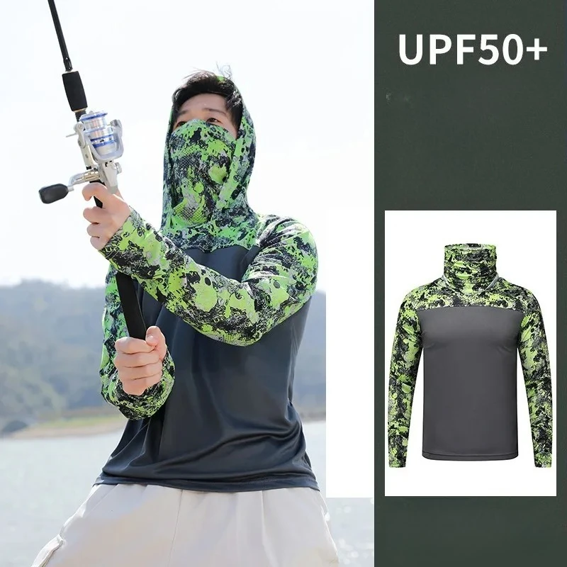 Fishing Shirt Hooded Men Sunscreen Clothes Outdoor Summer Patchwork Mask Hoodie Sun Uv Protection Performance Jersey Skin Coats