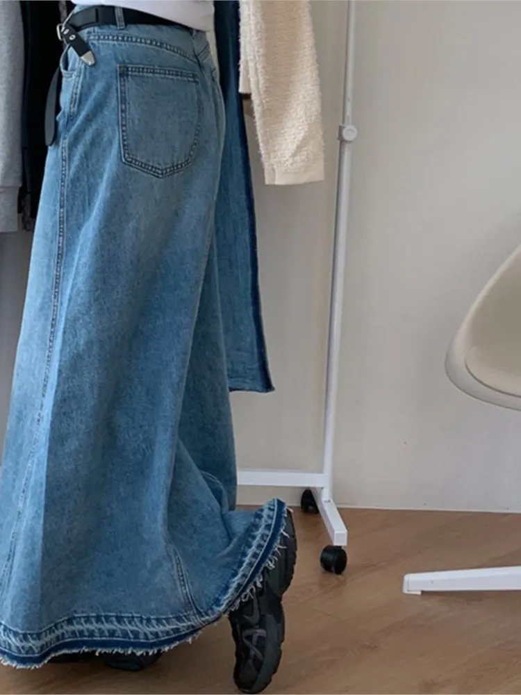 Denim Retro wiosenna letnia spódnica damska wzburzyć moda luźna koreański styl damskie długie spódnice trapezowe plisowane wzburzyć spódnice damskie