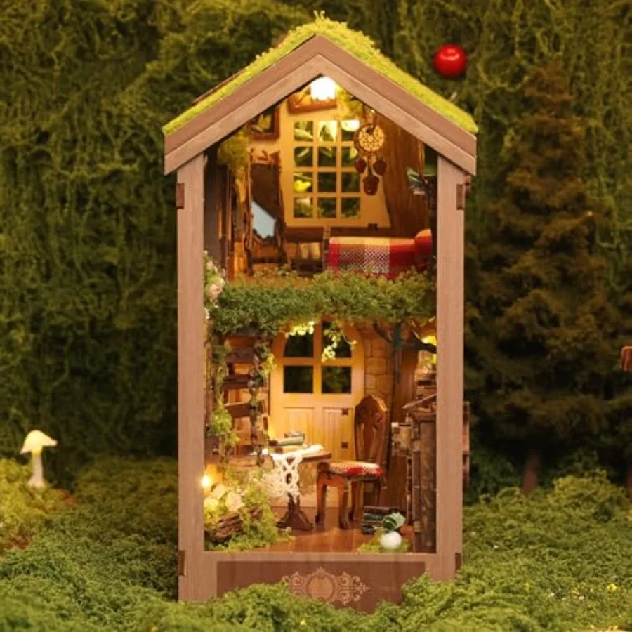 

DIY Book Nook Kits for Adults: Wooden Secret Treehouse Bookshelf Insert with LED Lighting, Natural Wood Color, Easy Assembly Di
