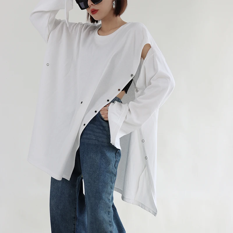 

SuperAen European and American Style Loose Hoodie 2024 Autumn Design Side Slit Off Shoulder Strap T-shirt