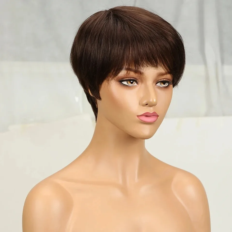 Elsa Mono Human Hair Pixie Wig #4 Dark Brown 100% Chinese HH Original Condition 4 Dark Brown Short Pixie Cut Wig Human Hair Full Machine  main image 2
