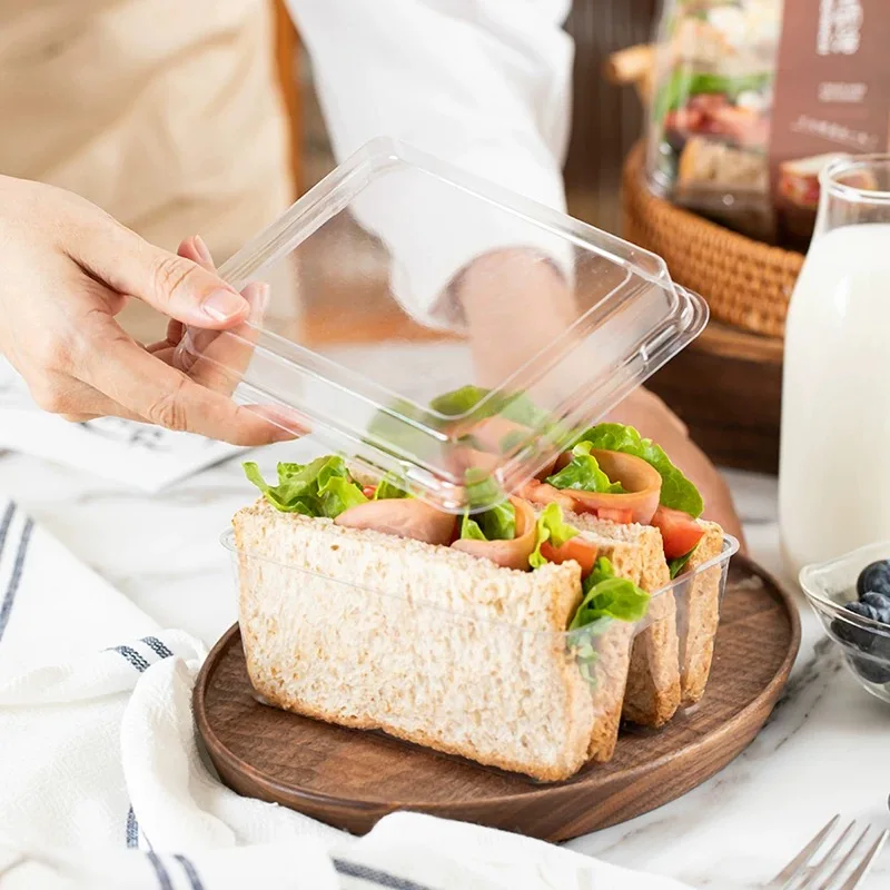 Sandwich-Verpackungsbox mit Doppelteilen, transparente, quadratische, trendige Einweg-Box für Brot und Toast, 10 Stück – Detail 8