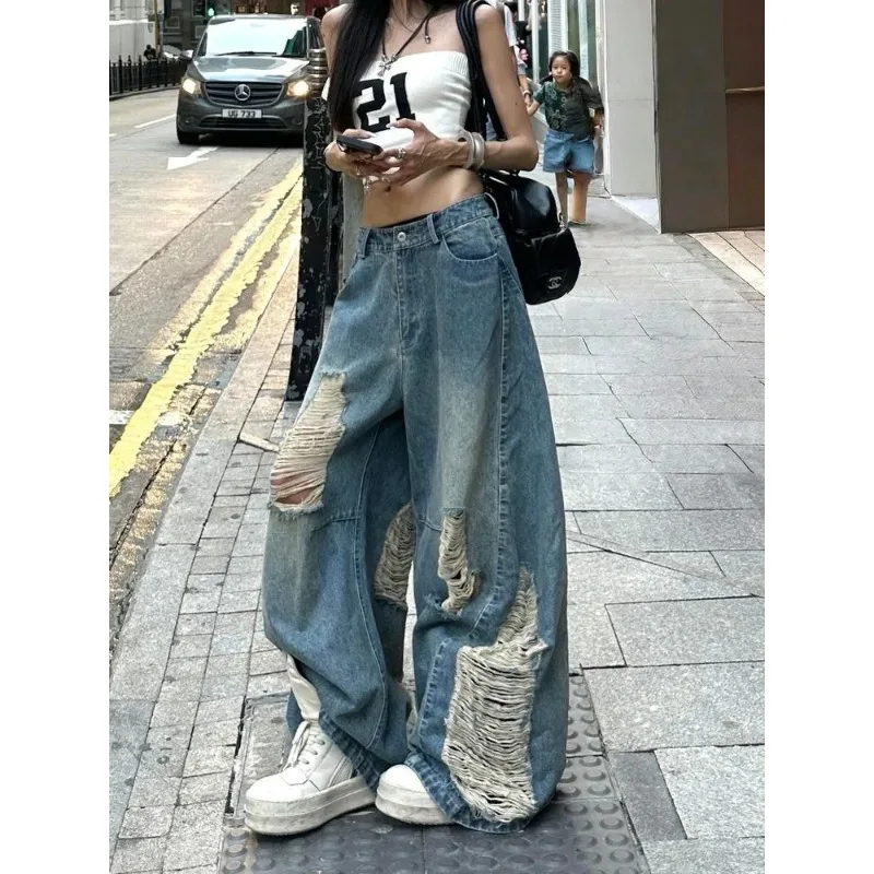 

Women's Two-Piece Set White Number 21 Cami Crop Top & Blue Distressed Wide Leg Jeans Streetwear Outfit