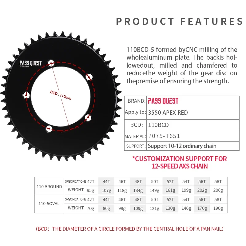 PASS QUEST 110 / 5 BCD 110BCD Round/Oval Road Bike Narrow Wide Chainring 42T-58T Bike Chainwheel for 3550 APEX RED