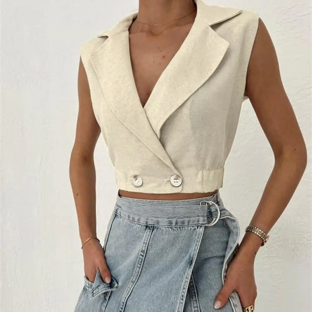 

Women Solid Linen Tank Tops Casual Sleeveless V-Neck Vest Crop Tops Summer Short Waistcoat for Lady Street Commuting Wear