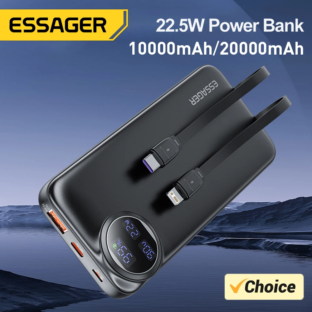 Essager 22.5W Power Bank 20000mAh with Two Built-in Cables Portable Charger For iPhone 15 Pro Max,Charge 4 Devices at Once ﻿