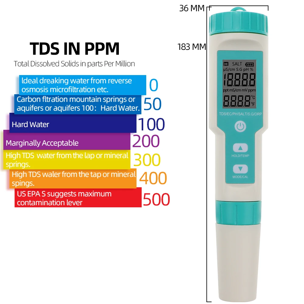 Miernik pH 4/5/7 w 1 TDS EC ORP Miernik temperatury zasolenia S. G z podświetleniem Cyfrowy tester jakości wody do akwarium