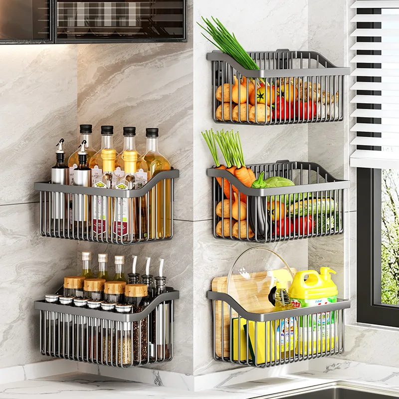 No-Drill Multifunctional Wall-Mounted Spice Rack Kitchen Storage Organizer Salt Seasoning Jar Vegetable Basket Rack