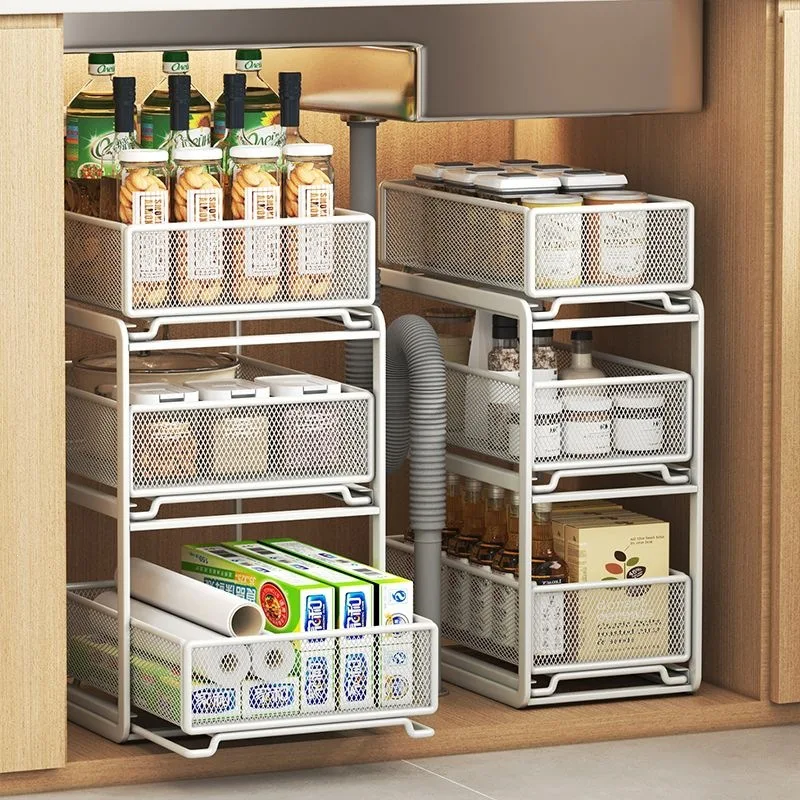 Steel Pull-Out Cabinet Organizer Rack Two Or Three Tier Under Sink Storage Shelf In Small Large Sizes Black White Sliding Spice