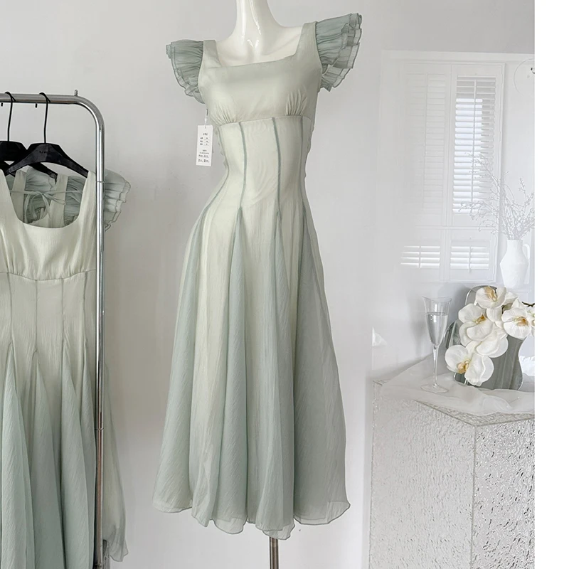 French Summer Holiday Dress Slim High Waist Gradient Mint Green Dress Female 2024 New Korean Fashion Flying Sleeveless Dresses