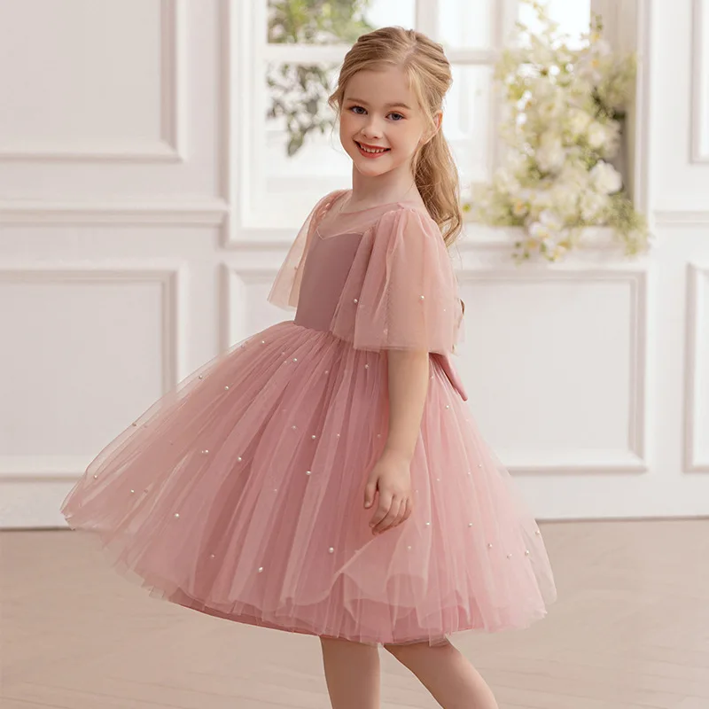 Abito elegante per ragazze Abito da principessa in tulle con fiocco grande e perle per bambini Abito da spettacolo per prima comunione, festa di compleanno, matrimonio