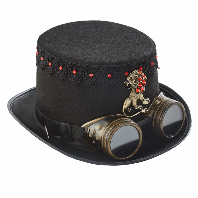 Steampunk Black Top Hats Lolita Retro Magician Performed Hat Lion Head Crystals Jazz Stage Hats for Women Men