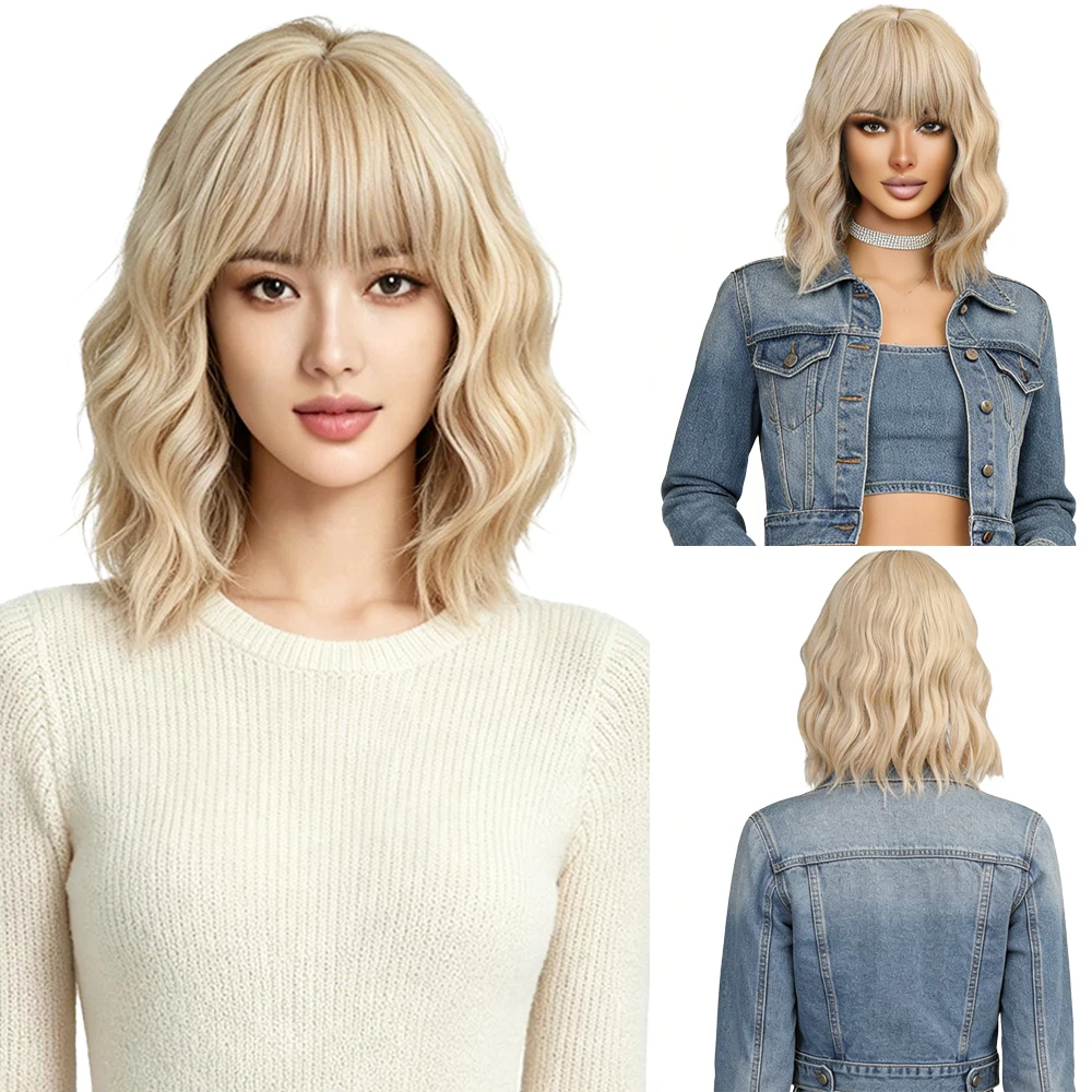 Natural Looking Light Blonde Bob Wig With Air Bangs Soft Short Wavy Curly Wig High Temperature Synthetic Fiber Wig For Women