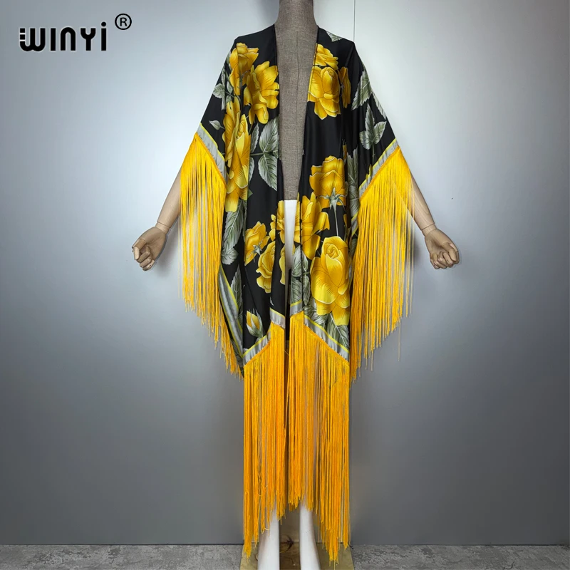 WINYI Copricostumi kimono africano Stampa bohemien Copricostume bikini Elegante cardigan moda sexy Abito lungo con nappe caftano da vacanza