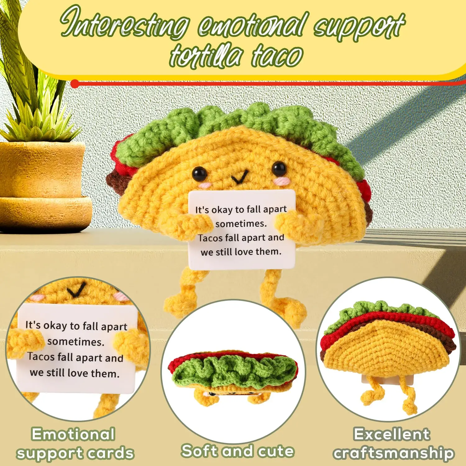 Positive Support Taco, Inspirational Crochet Taco Encouragement Knitted Potato Wool Doll Motivational Handmade Toy for Cheering Up