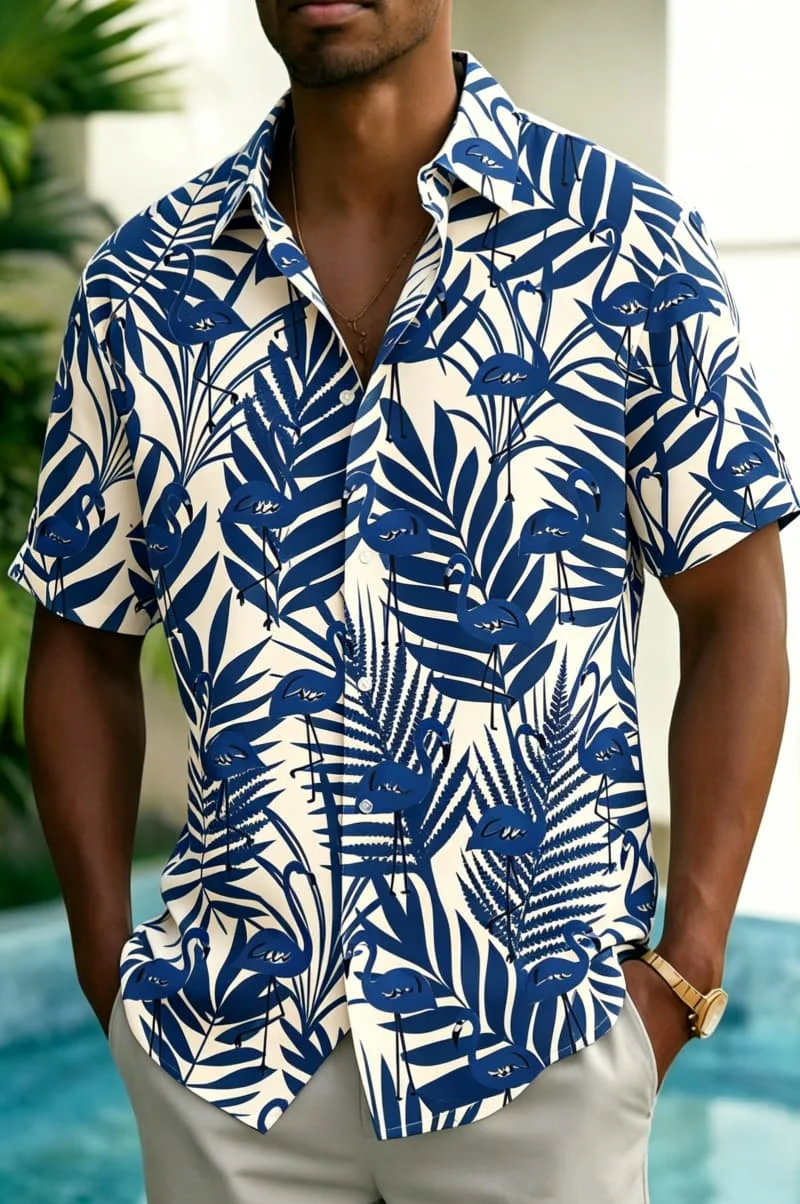 

Мужская рубашка премиум-класса с тропическим принтом фламинго, роскошный повседневный дизайн для летнего отдыха, высококачественная пляжная одежда и стиль для повседневной носки