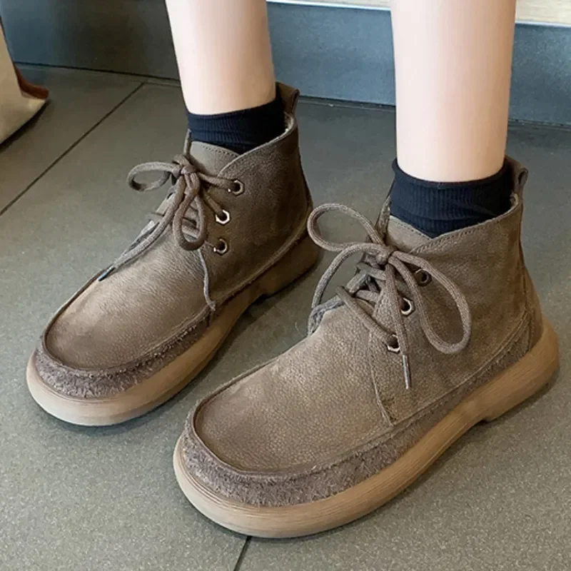 

Женские ботинки на шнуровке, однотонные ботинки из флока с круглым носком, на низком каблуке, зимняя обувь, 2023