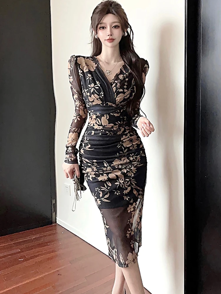 

2025 Black Floral Mesh Long Sleeve V-Neck Midi Dress Autumn Winter Elegant Casual Holiday Dress Women Korean Bodycon Party Dress