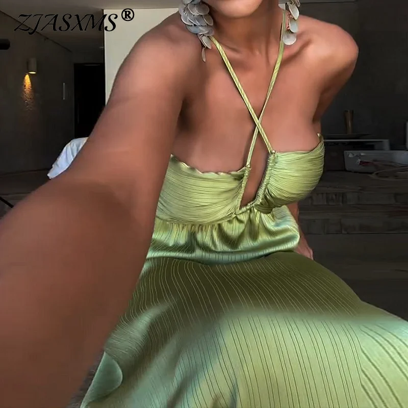 Sommer Sexy Halter Plissee Langes Kleid Frauen Elegante Off Schulter Solide Maxi Kleider Hohe Taille Backless Lace-up Bankett kleid