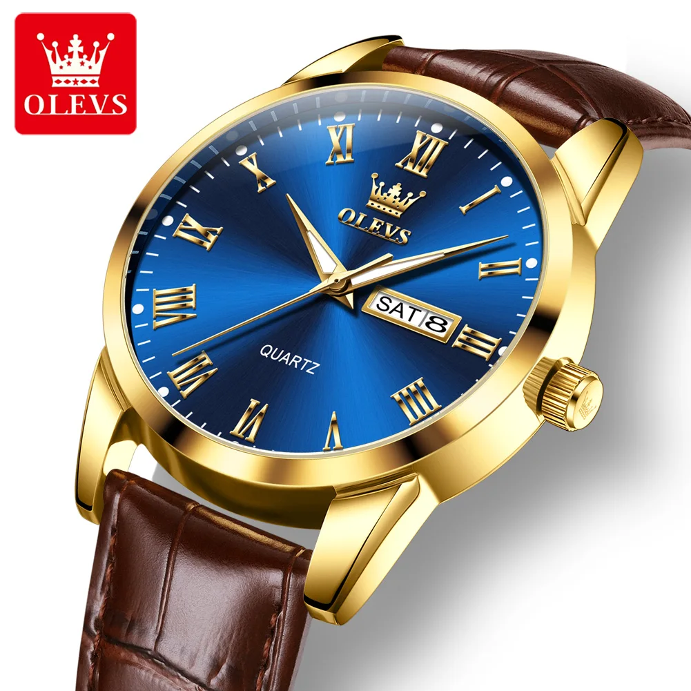 OLEVS 5892 Quartz Movement Watch For Men Women Luminous Function Leather Strap 30m Waterproof Calendar Window Display Watch
