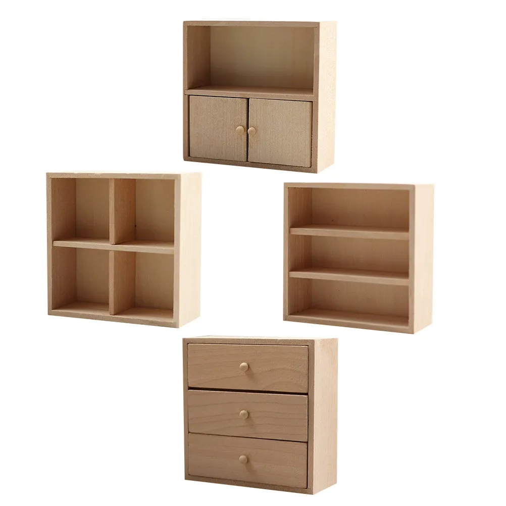 

4Pcs Miniature Wooden Cabinet Set for Dollhouse DIY Furniture Decoration Realistic Home Decor Mini Storage Shelves Miniature