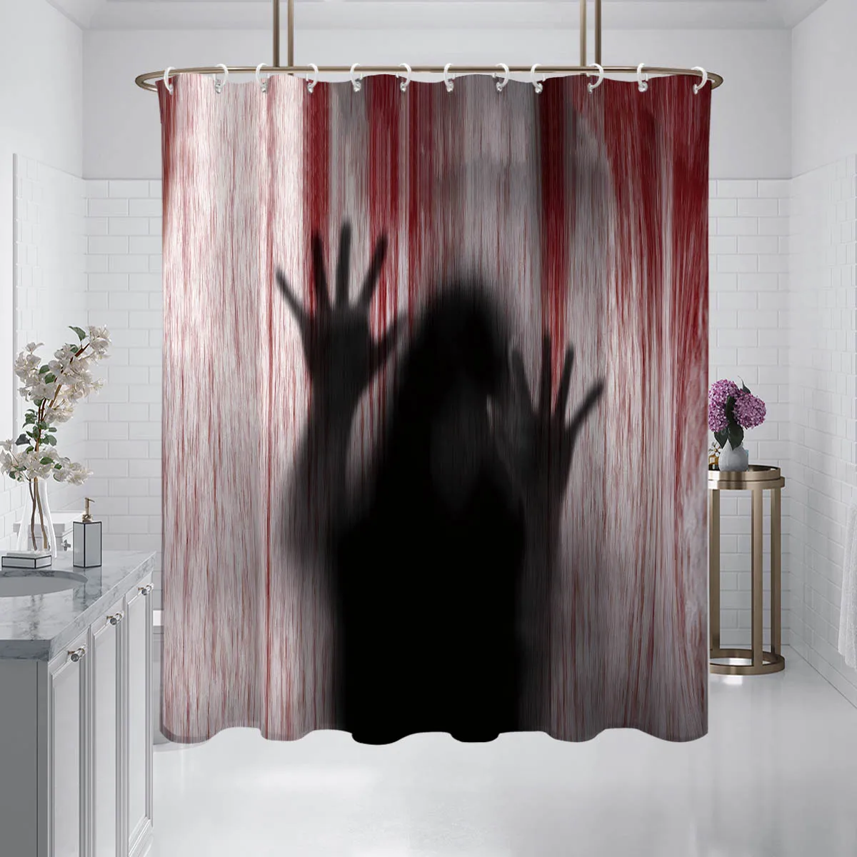 Halloween Shower Curtain Spooky Female Blood Ghost ,Shadow Bloody Handprint Haunted House Shower Curtain for Bathroom Decoration