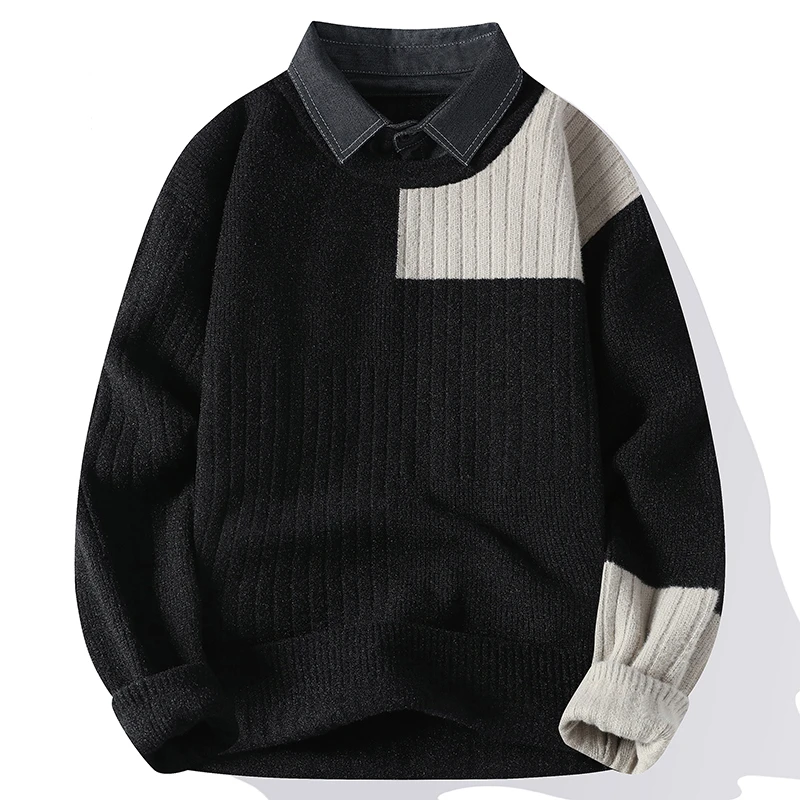 

Fake 2 Pieces Shirt Collar Knitted Sweaters Male Slim Fit High Quality Long Sleeves Pullover/Man Slim Fit Plaid Casual Sweaters