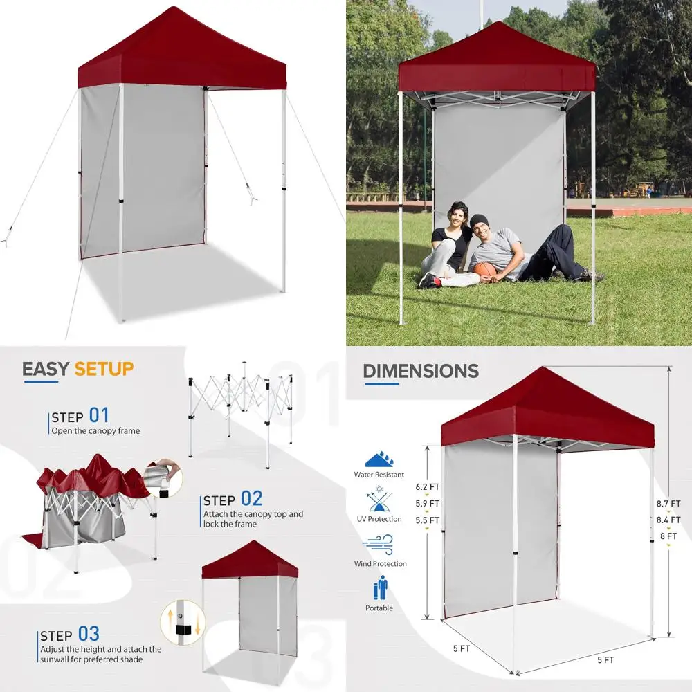 

Портативная уличная палатка с навесом 5x5 со съемной солнечной стеной, сумка для переноски в комплекте, идеально подходит для мероприятий и теней бордового цвета.