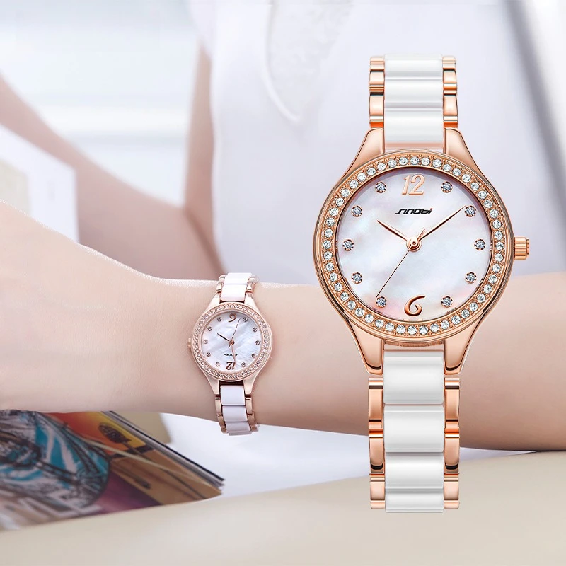 Stainless Steel Diamond Rose Gold Ceramic Strap Luminous Waterproof Quartz Watch for Women
