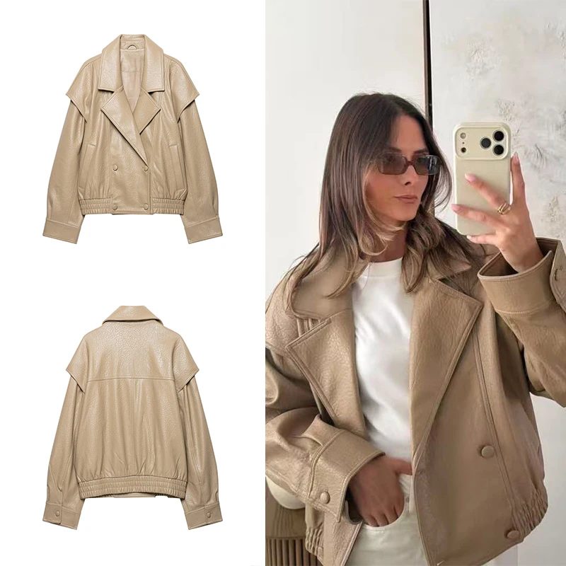 Guobioziy 2026 Women Cropped Pilot Jacket Wide Lapel Double Breasted Buttons Shoulder Cape Elastic Hem Cuffed Casual Outerwear