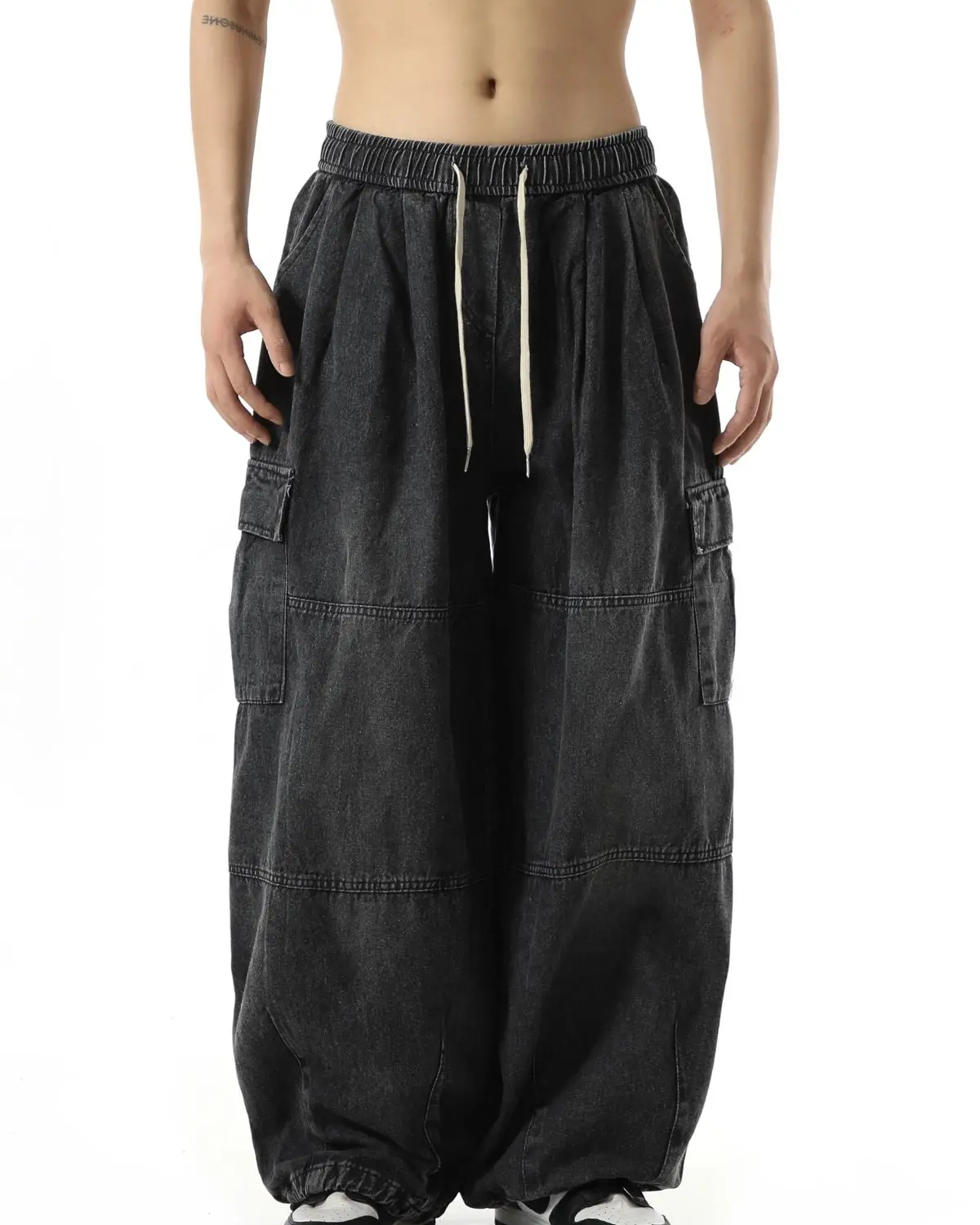 Schwarze Baggy-Cargohose für Herren, lässig, weites Bein, Jogginghose, Übergröße, Vintage, gerade, lockere Arbeitsjeanshose, weicher Komfort – Detail 3