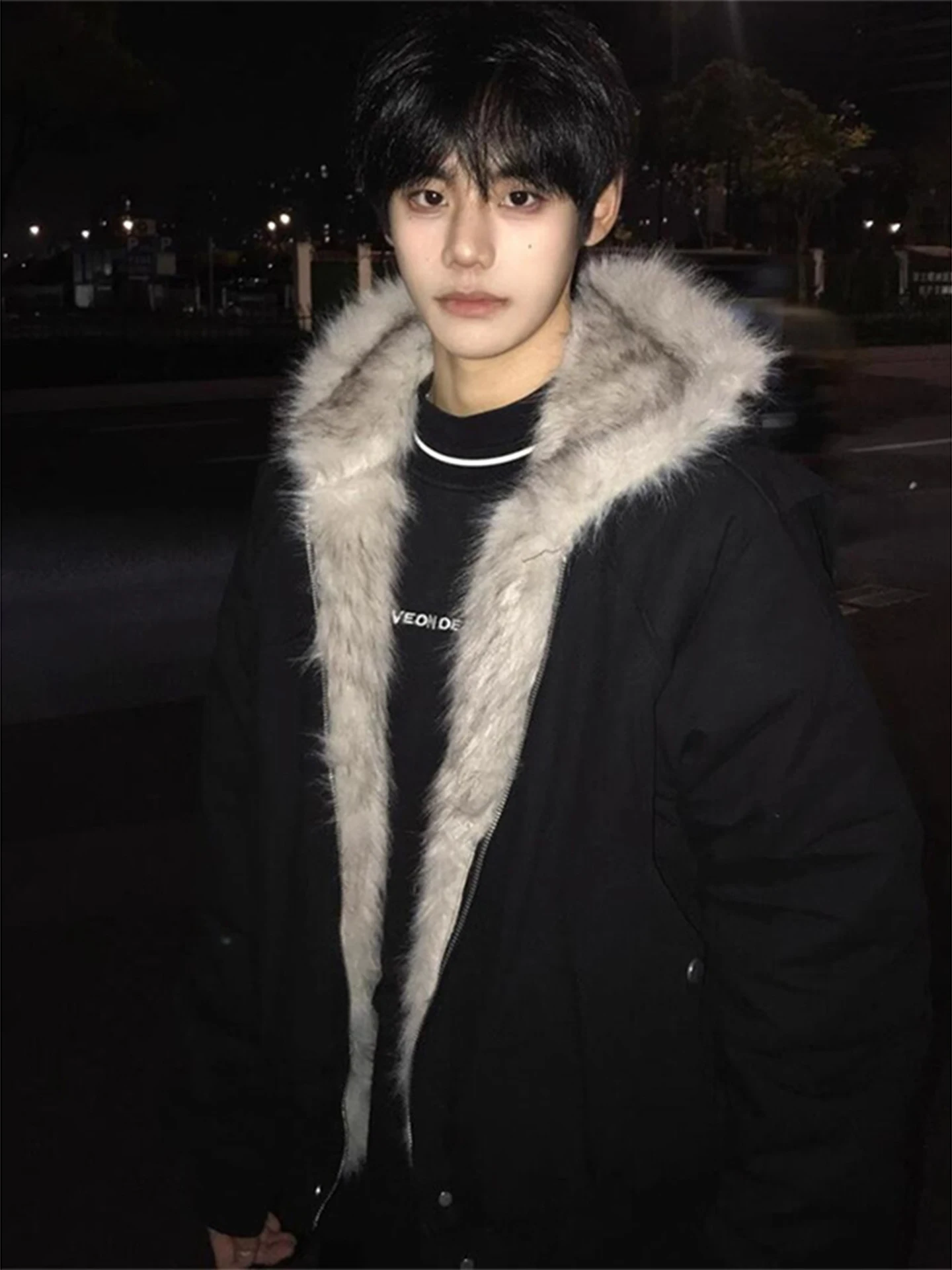 

Bla Hooded Thiened Winter Coat for Men with Fur Collar American Sle ort Wide Jaet Youth Faion Casual Warm Cotton ...