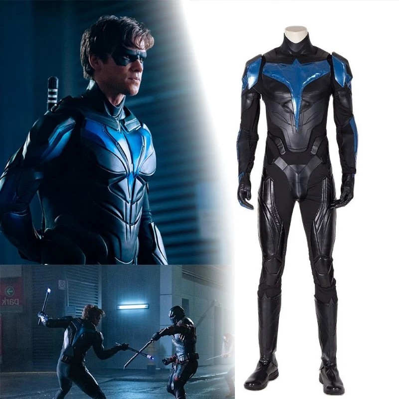 

Adult Male Perhero Jumpsuit Man-Made Leather Armor Suits The Night Anime Show Black Wing Dick Grayson Halloween Carnival Costume