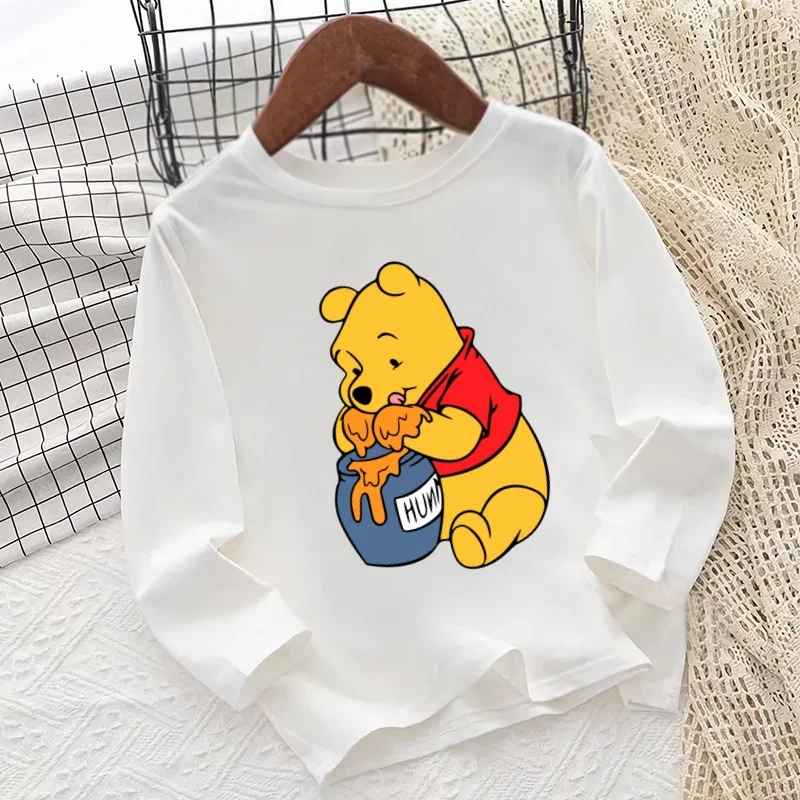 ويني ذا بوه لطيف الدب تيجر طباعة الكرتون الاطفال تي شيرت طويل الأكمام الخريف طفل الفتيان الفتيات ملابس الأطفال عادية تي شيرت