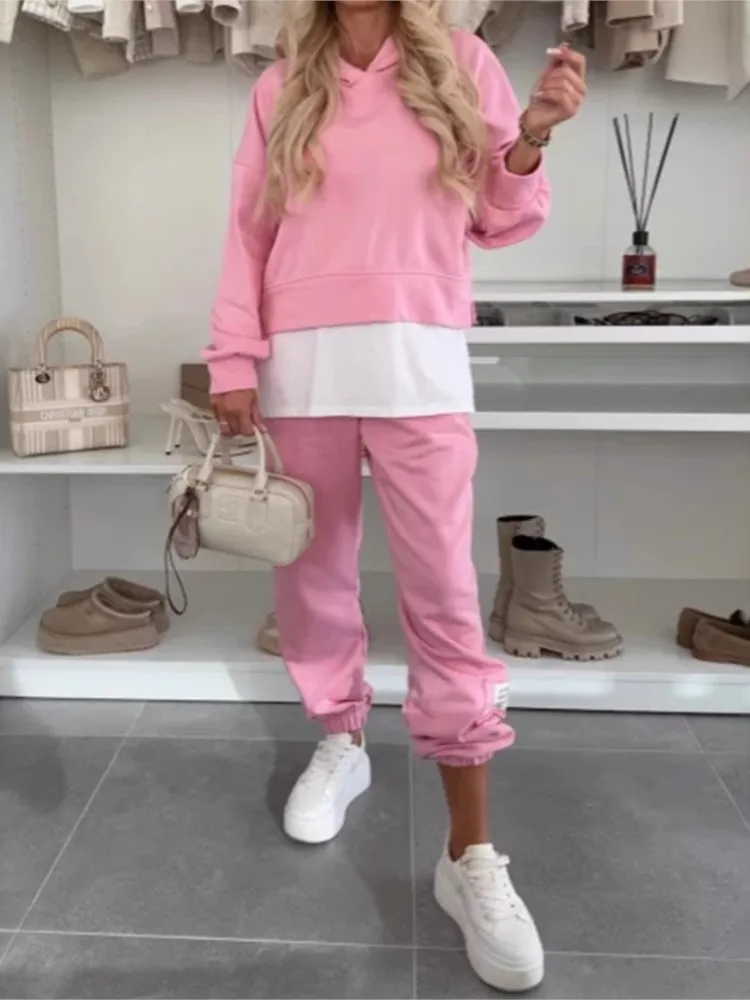Casual Two Fakes Sweatshirt Two-piece Set For Woman Fashion Hooded Hood Pullovers  Skinny Pants Suit Autumn Winter Lady Outfit