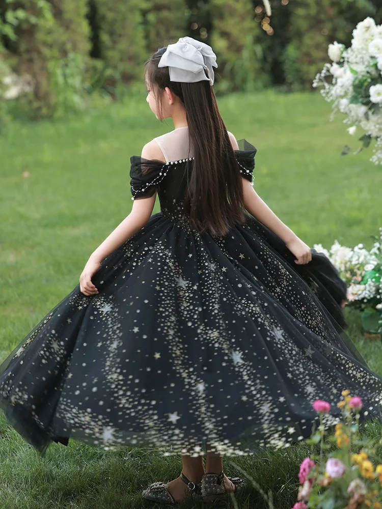 Black Evening Dresses for Kids Girl Elegant Gala Dress for Girls Children Beading Sequins Maxi Ball Gown Infants Hostess Costume