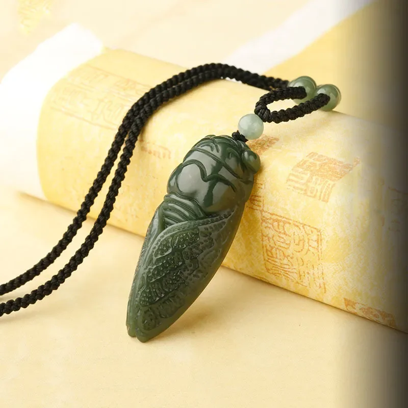 Natural Hetian Jade Cicada Pendant Beads Necklace Charm Jewellery Fashion Accessories Hand-Carved man and woman Amulet Gifts