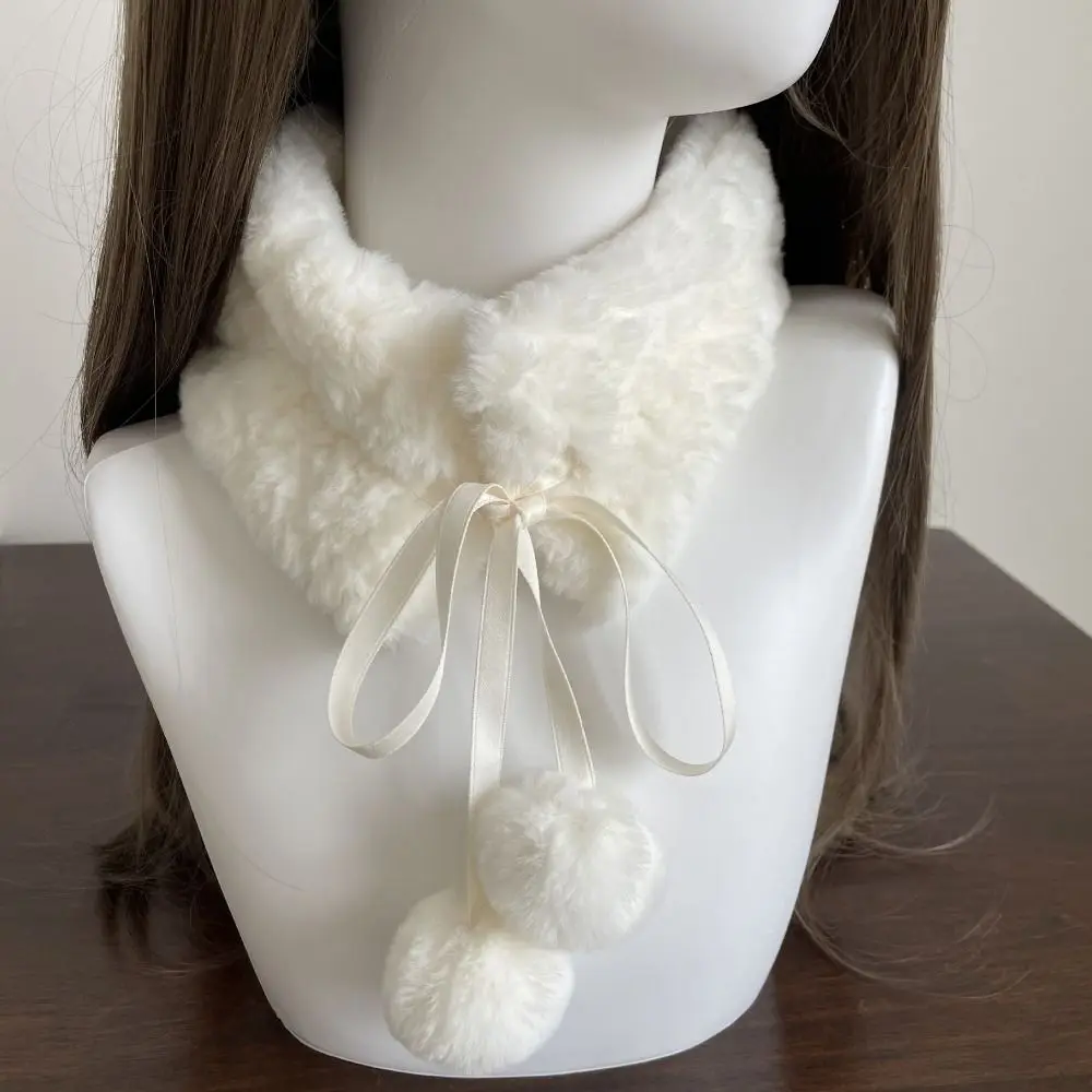 Cute with Plush Balls Neck Warmer Winter Warm Thickening Cross Scarf Lamb Wool Neckerchief Wrap Girls