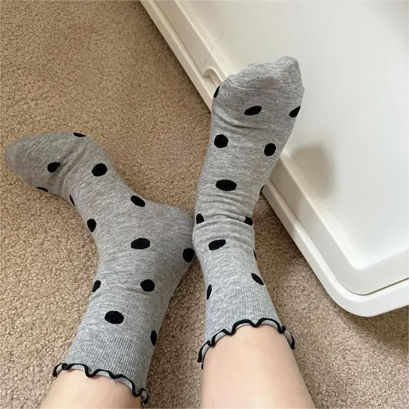 Ruffle Socks Women Polka Dot Lolita Sweet Girls Kawaii Cute Long Socks Korean Style Harajuku Retro Streetwear Middle Tube Socks