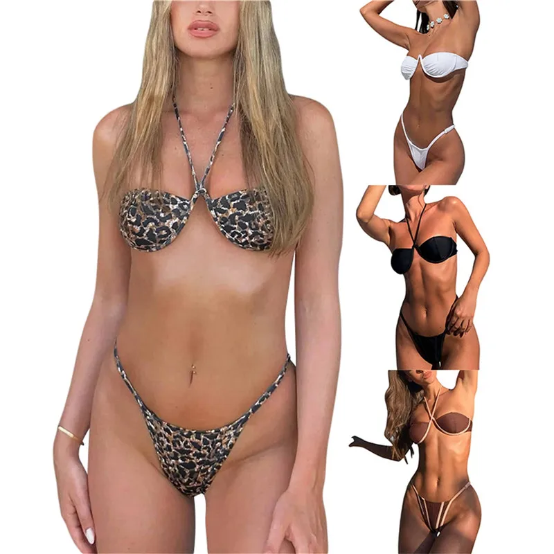 Smvp Damen-Bikini-Sets, Leopardenmuster, Neckholder-BH zum Binden und Tanga-Unterteil, Bikini-Set für Damen, Sommer-Badeanzüge
