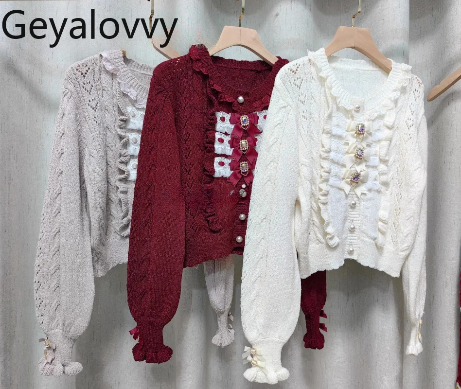 

Mine Tie Bow Lace Hollowed Out Round Neck Pearl Buckle Sweater Spring and Autumn New Sweet Girls Short Knitted Cardigan