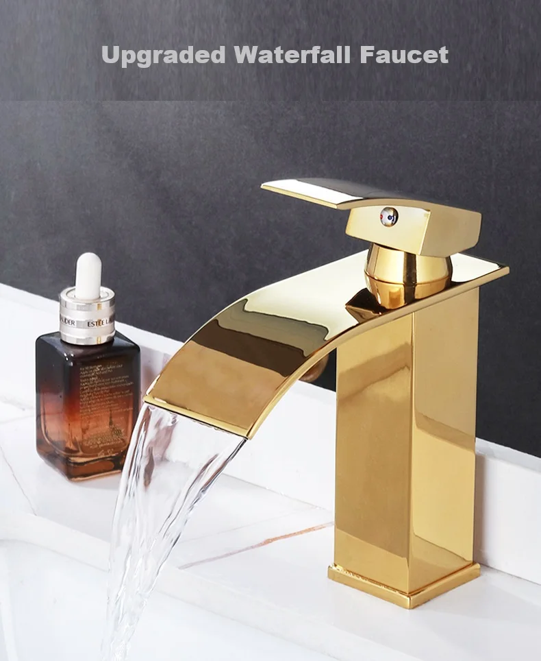 

304 Stainless Steel Gold Waterfall Bathroom Faucet,Mirror Polished Single Handle Basin Mixer Tap ,Hot/Cold Water Modern Design