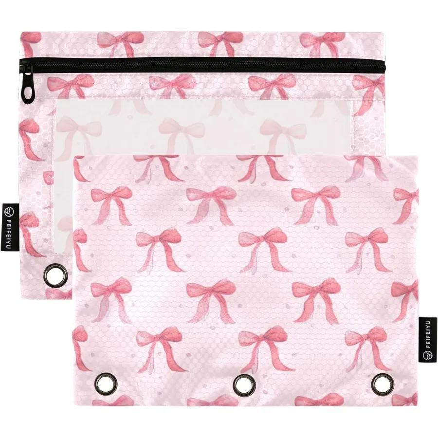 

Peil Pouch for 3 Ring Binder Cute Pink Ribbon Bow Binder Peil Case with Smooth Zipper Clear Window Peil Case 2 Pack for Office