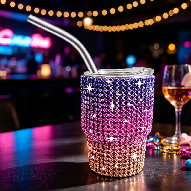 Pink Bling Rhinestone Insulated Tumbler with Straw, Sparkly Diamond Stainless Steel Glitter Water Cup for Women Party Gift
