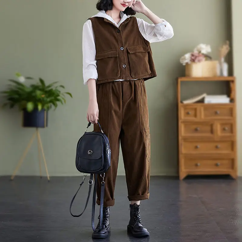 Tooling Vest Jacket And Pants Suit Female Autumn Loose Large Size Sleeveless Waistcoat Top Casual Harem Trousers 2 Piece Set T24