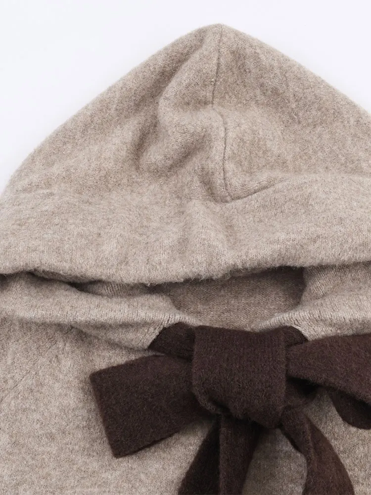 Nlzgmsj 2025 الخريف المرأة محبوك القوس الديكور سحاب أكمام طويلة جاكت مزود بغطاء للرأس عالية الشارع معاطف سيدة ملابس خارجية جديدة