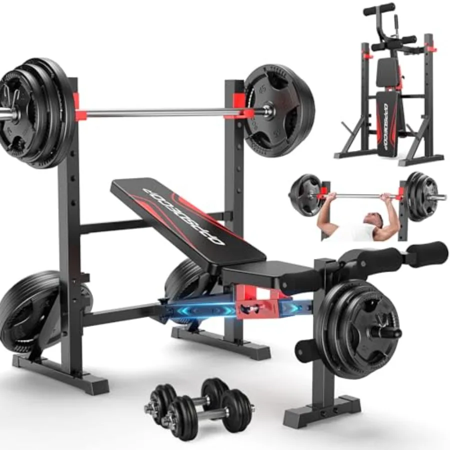 900 LBS Weight Bench Set with Squat Rack Adjustable Flat/Incline/Decline Bench Press Set with Leg Extension and Leg Curl Foldab