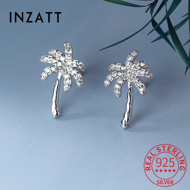 INZATT Real 925 Sterling Silver Zircon Coconut Tree Stud Earrings For Fashion Women Trendy Fine Jewelry Minimalist Plant Bijoux